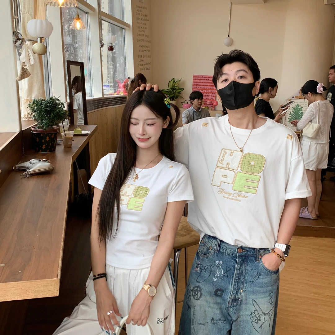 3MER 长短款贴布刺绣短袖T恤女夏季韩系宽松百搭情侣上衣