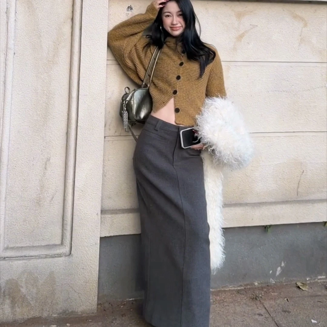 加厚毛呢长裙秋冬新款显瘦高腰复古开叉长款百搭时尚气质1128