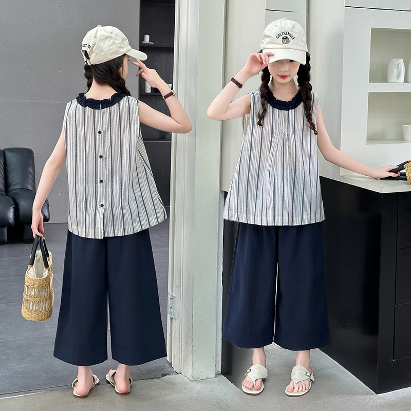 女童夏季无袖条纹T恤阔腿裤套装2025新款中大童韩版时尚休闲套装