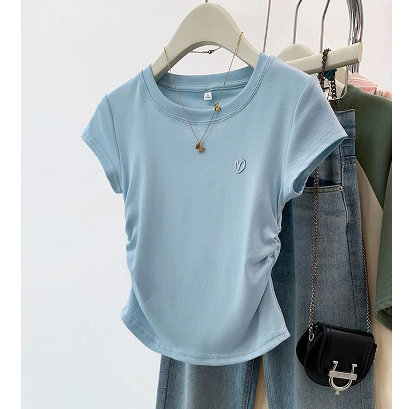 蓝色爱心刺绣正肩短袖t恤女夏季2025新款小个子收腰修身显瘦上衣
