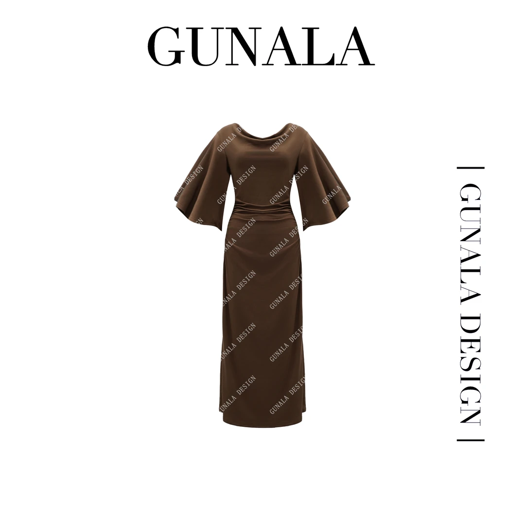 荷叶袖荡领设计大码显瘦连衣裙咖色氛围感裙子-E193