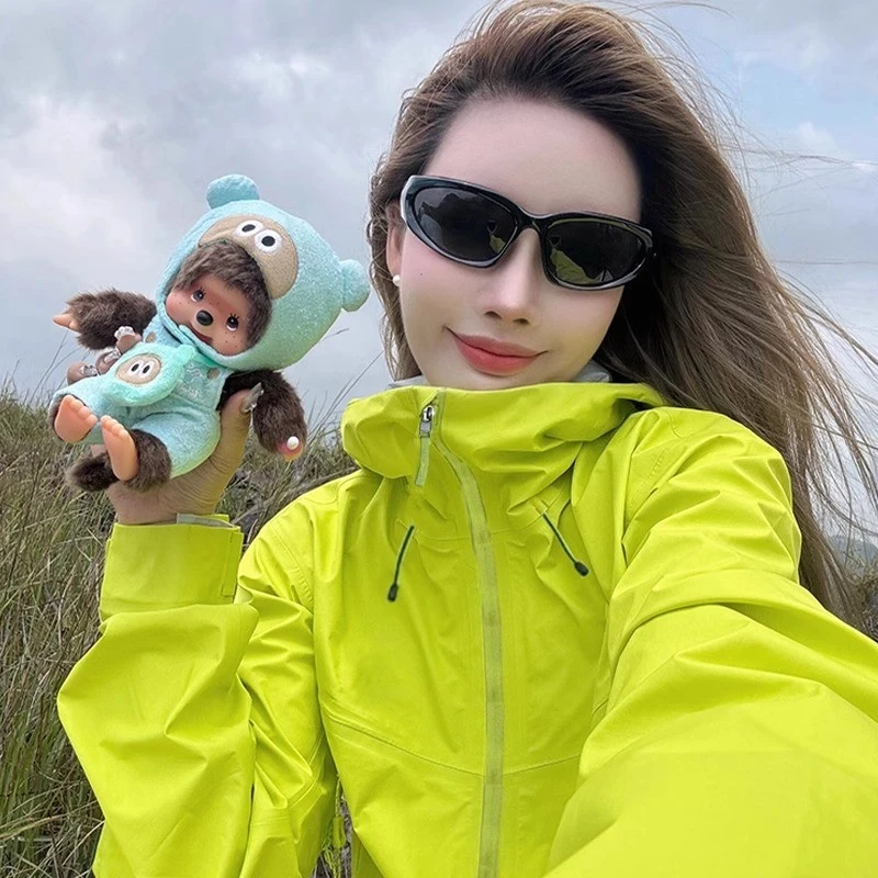 美国多巴胺户外登山衣外套女2025秋冬新款荧光绿防风防水连帽夹克