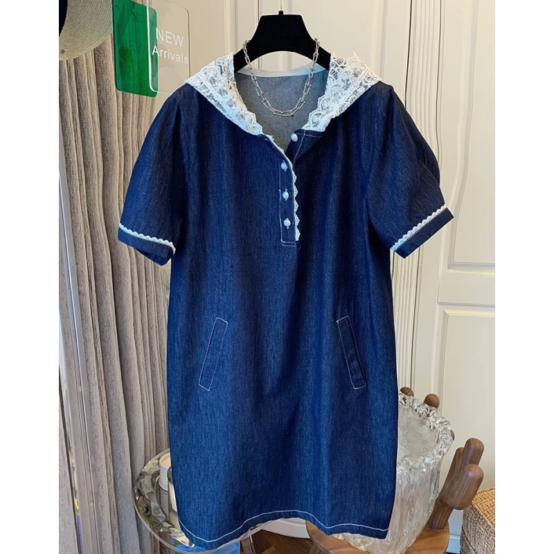 高级感法式蕾丝连帽牛仔连衣裙子宽松时尚休闲假两件女2025夏新款