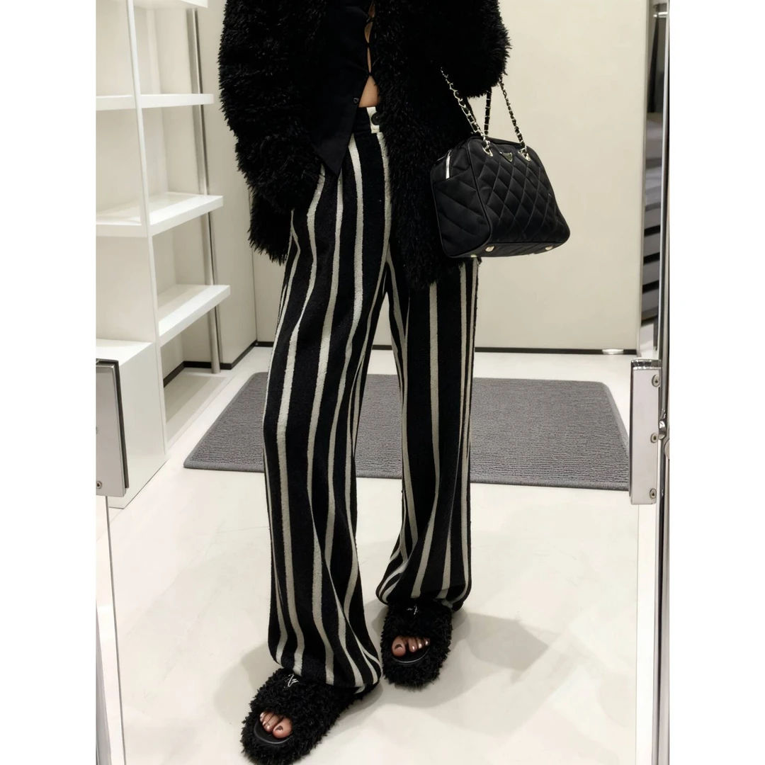 巨好看!上身绝美!黑白条休闲阔腿裤女高腰显瘦慵懒垂感拖地长裤子