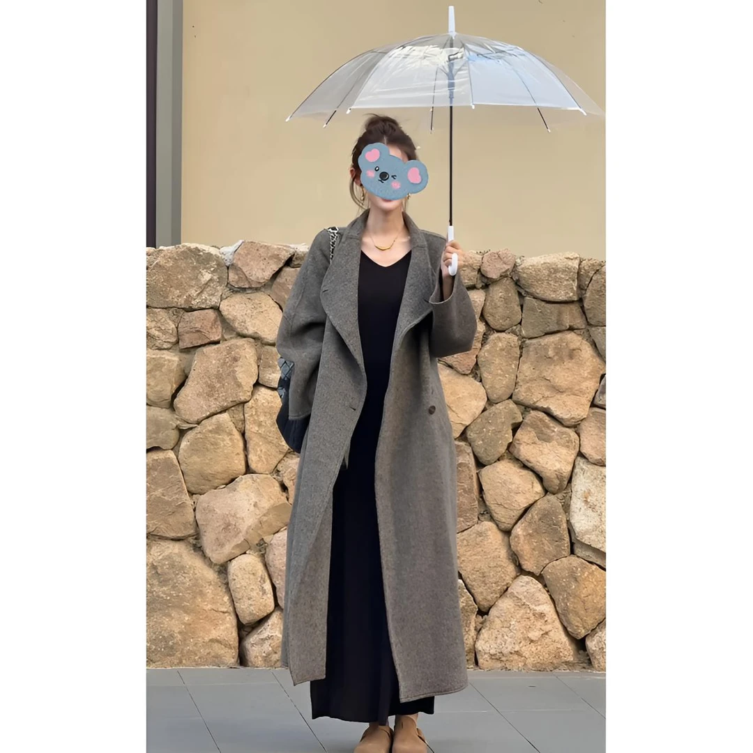 高级感大翻领灰色呢子大衣女2025秋冬季新款韩系赫本风外套潮