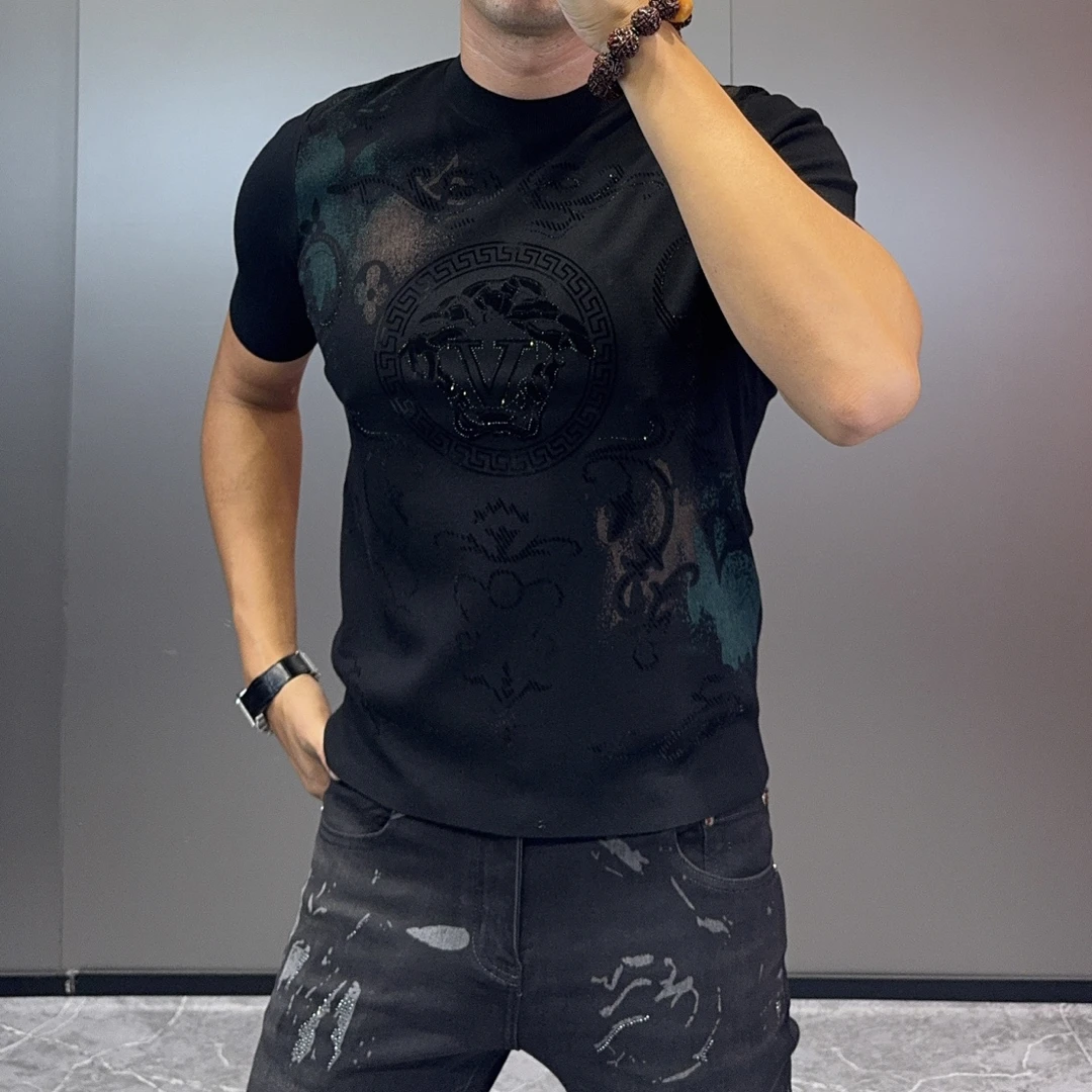 秋季提花圆领针织男士显瘦百搭时尚修身短袖