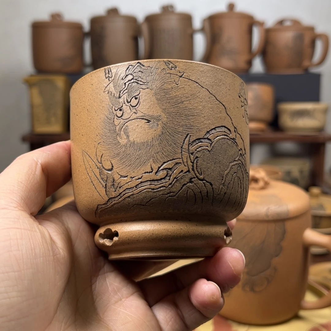 紫砂杯子完**暴微瑕疵钟馗刻绘紫砂主人杯