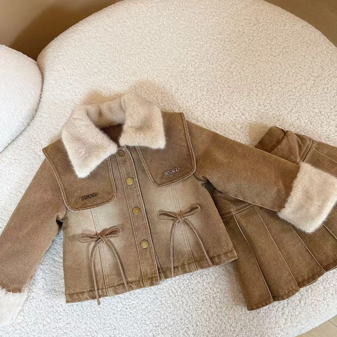 女童冬新款儿童洋气时髦加毛保暖牛仔外套女宝宝百褶裙两件套