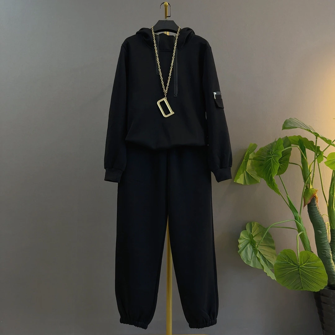 秋季新款设计感拉链连帽上衣束脚裤宽松显瘦休闲大码女装俩件套