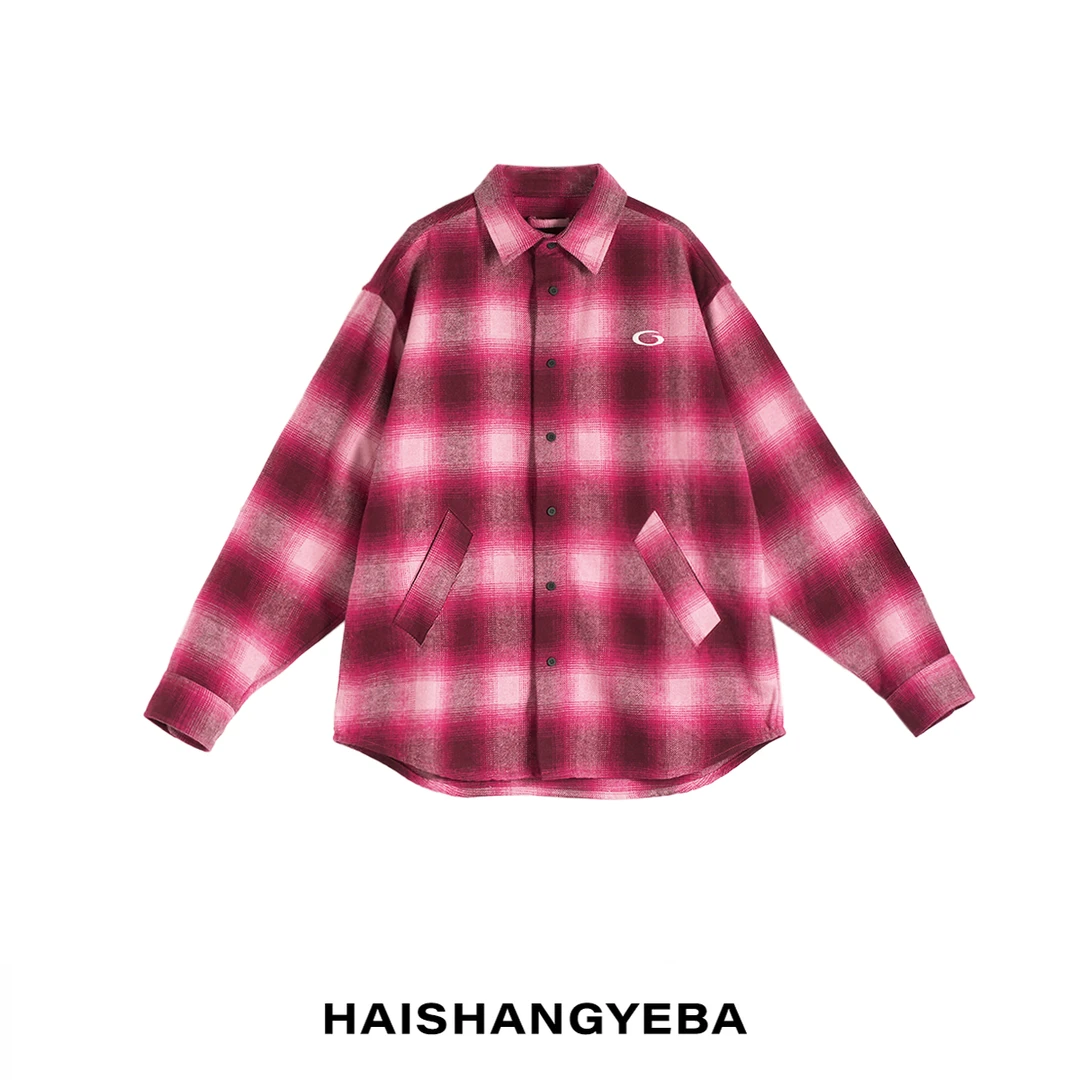 【海上叶爸】新款2025春秋百搭羊毛男女同款翻领粉格宽松休闲衬衫