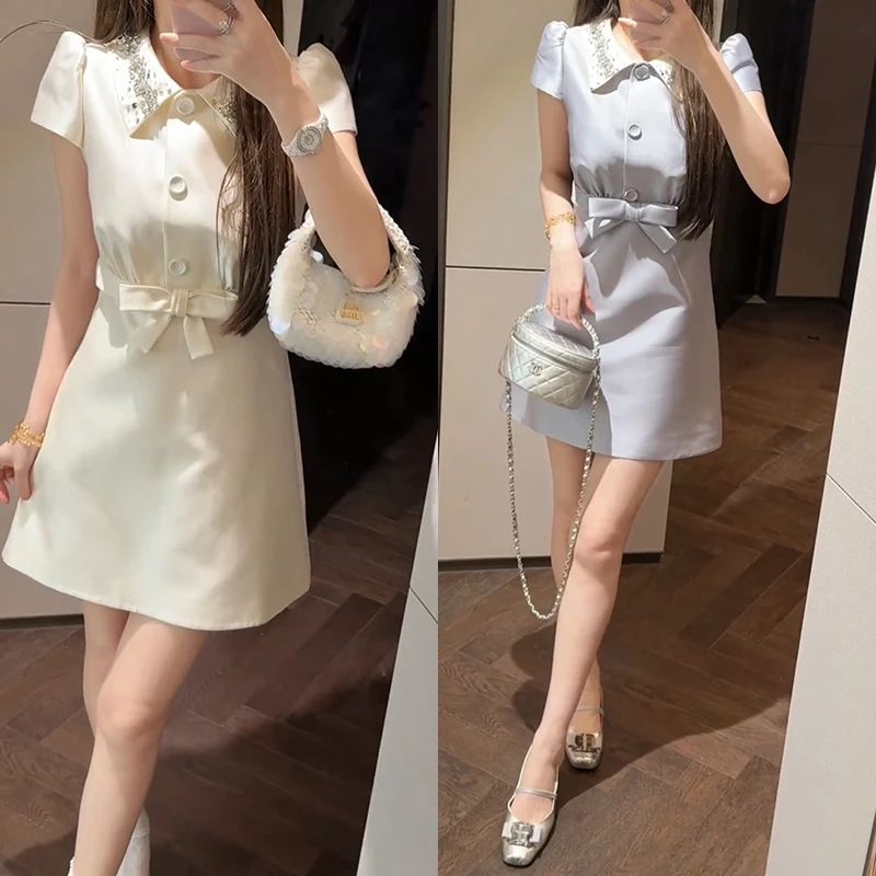 【mimius】七七 miu系千金风重工翻领钉珠蝴蝶结收腰连衣裙G04374