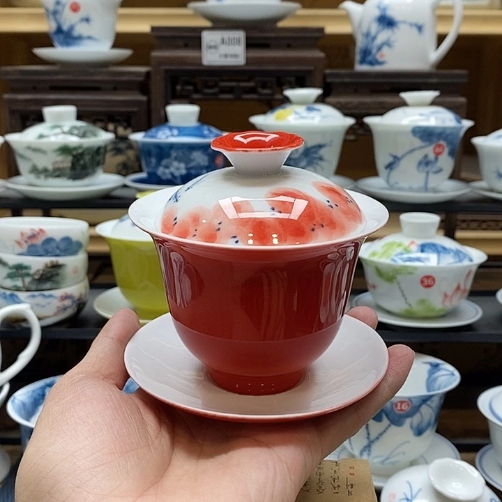 手绘龙船花160cc盖碗三才釉下彩微瑕福利款