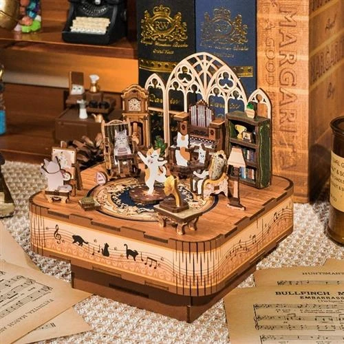 八音盒手工猫的欢聚拼图可旋转拼装积木模型音乐盒儿童礼物女