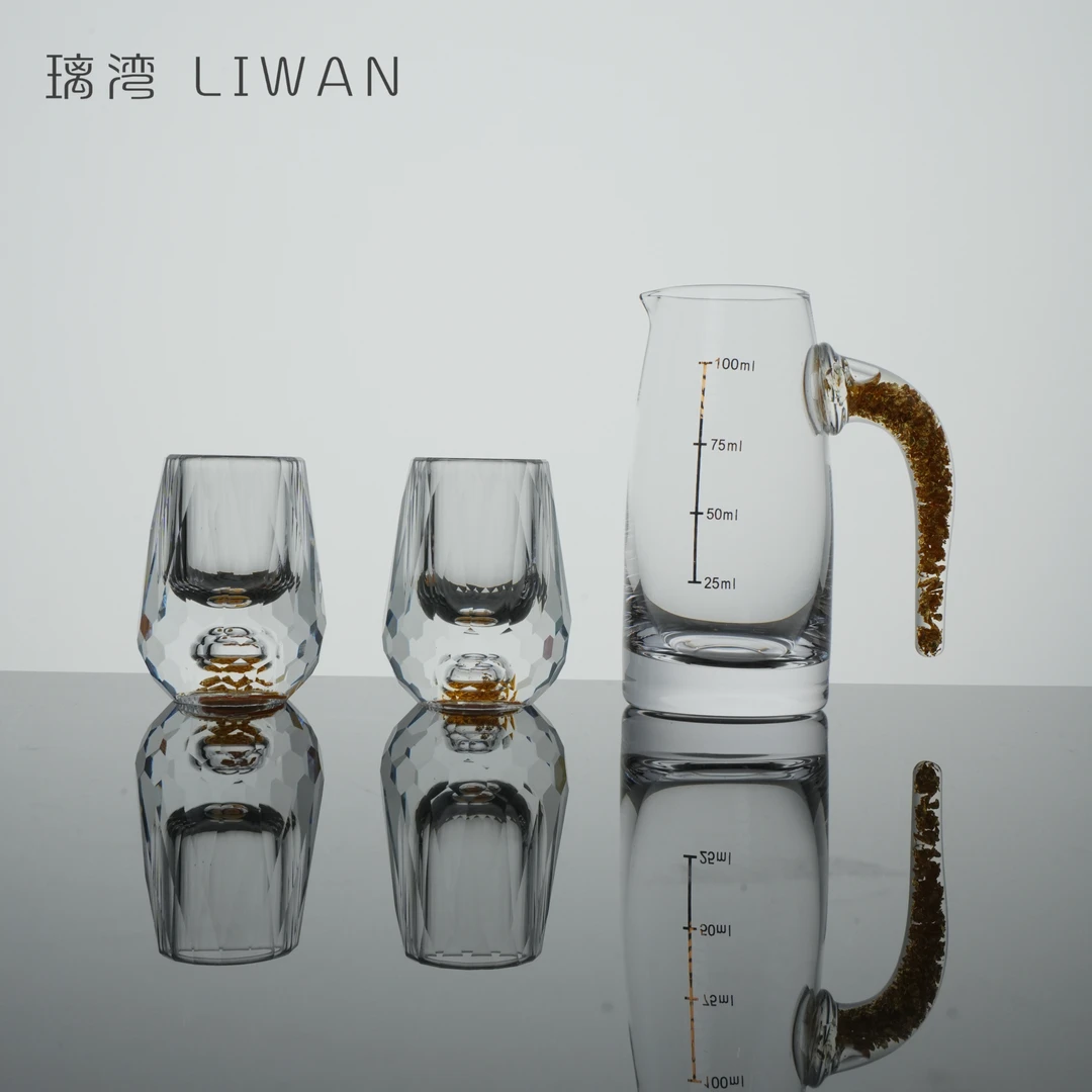 璃湾LIWAN人工打磨无铅水晶金箔一壶两杯白酒套装酒具家用白酒杯