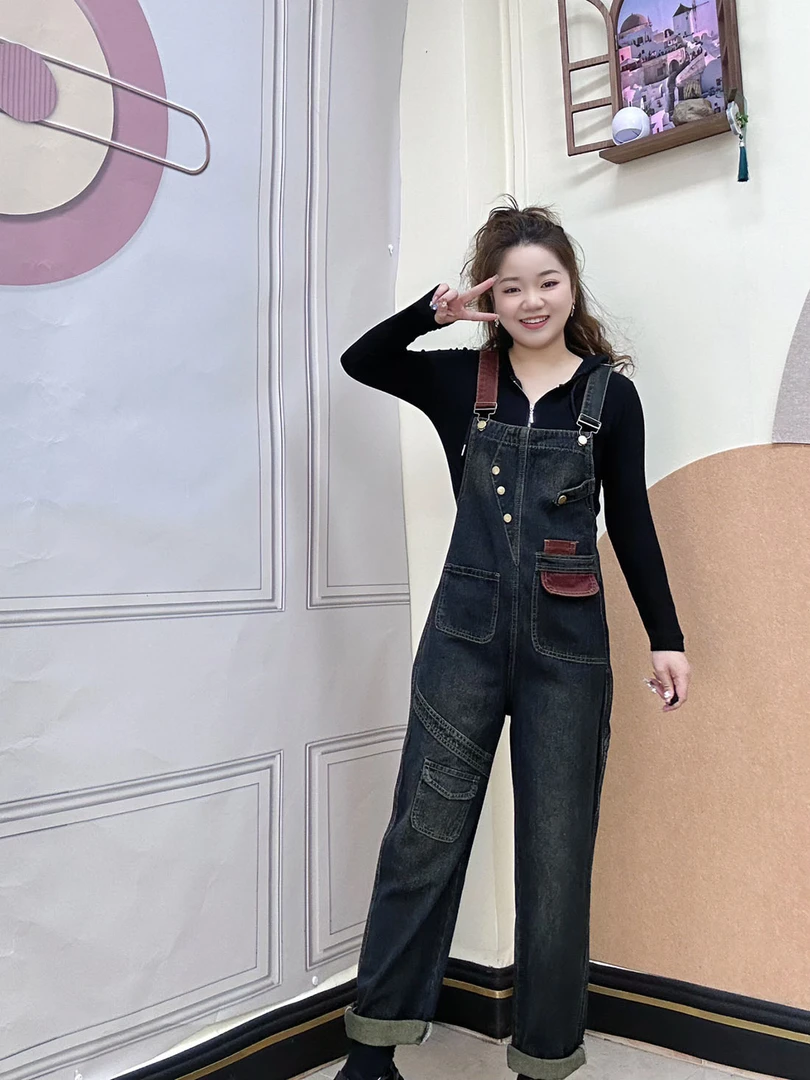 【YY】春夏高腰直筒水洗背带裤牛仔裤百搭复古红连体吊带裤减龄宽松