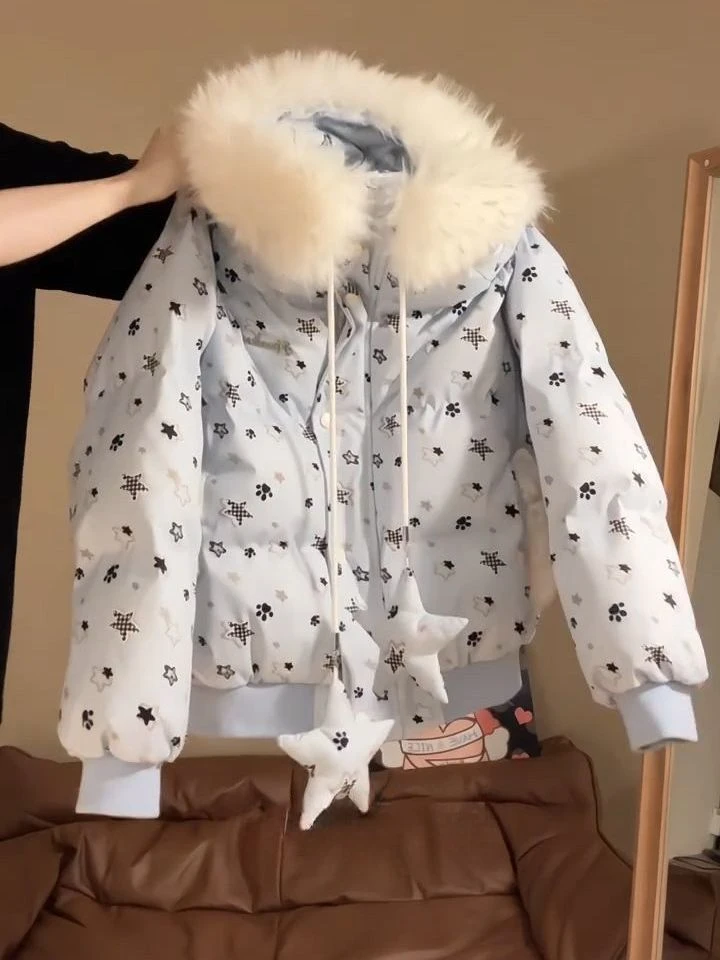 韩版设计感星星毛领棉服女冬季新款百搭宽松慵懒风连帽面包服外套