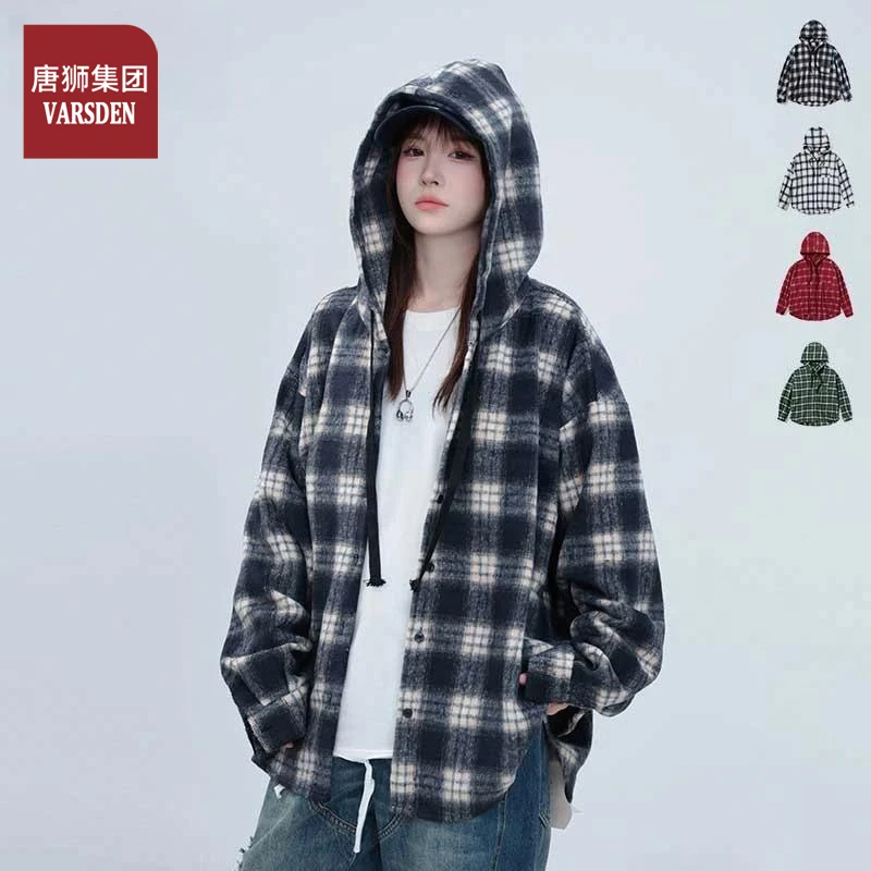 唐狮集团Varsden美式复古格子衬衫男潮牌设计感连帽休闲百搭上衣