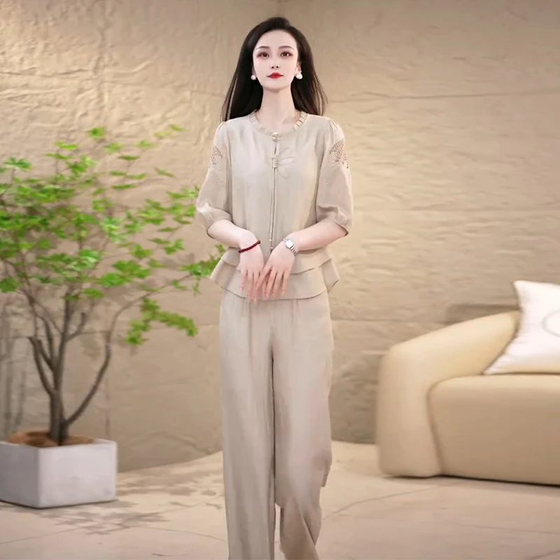 小香风时尚刺绣套装女士夏季新款高级感中年妈妈减龄妈妈装夏季