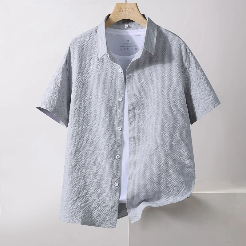 夏季新款男士冰丝短袖衬衫纯色泡泡纱半袖上衣百搭休闲抗皱衬衣男