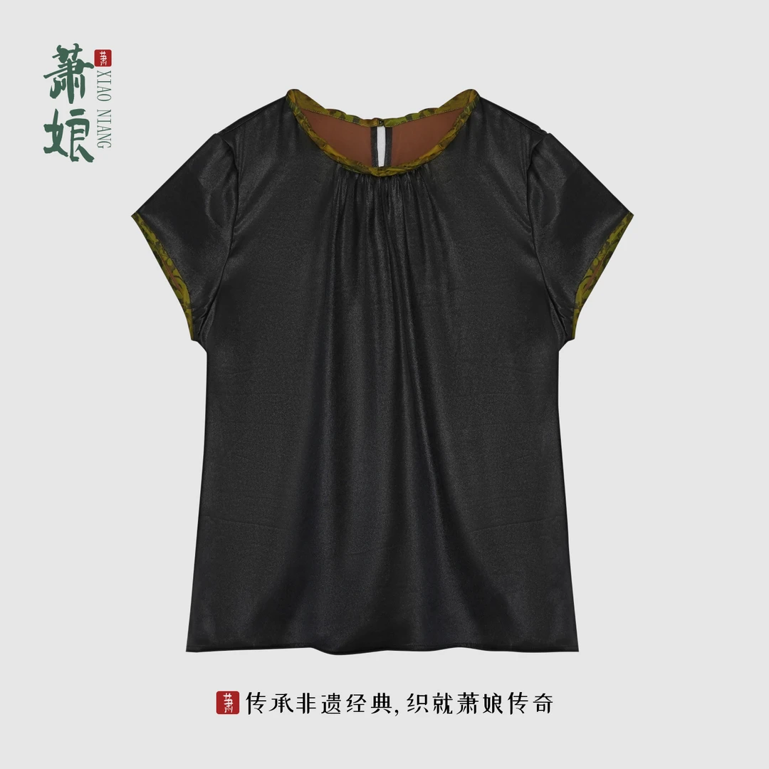 萧娘【蔓砚】弹力缎香云纱工艺上衣新中式桑蚕丝短袖女国风上衣5004