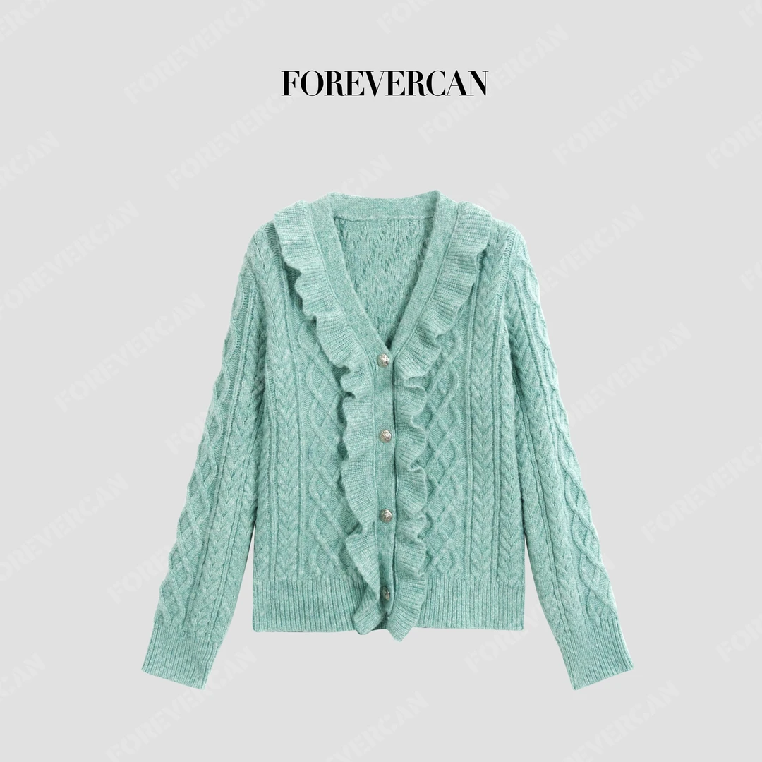 FOREVERCAN“格林德瓦”V领荷叶边立体绞花针织开衫MY4667