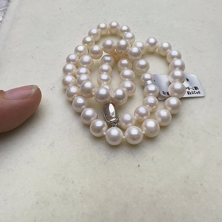 项链淡水珍珠银S925镶嵌8-9mm无核珍珠项链
