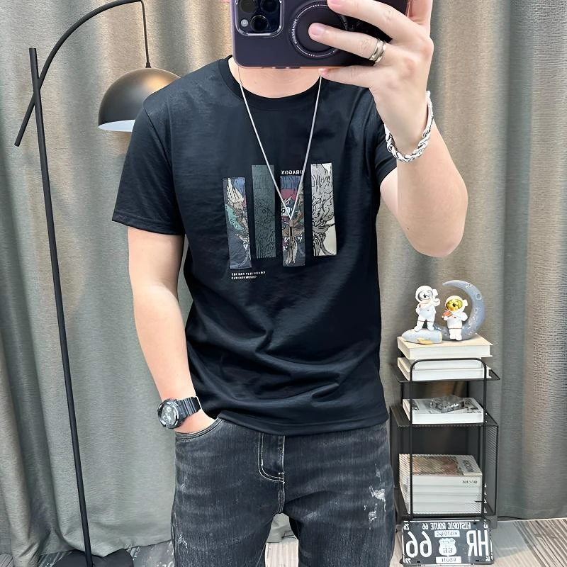 爆款穿搭休闲男装短袖T恤衫黑色纯棉潮流新款百搭个性印花男装
