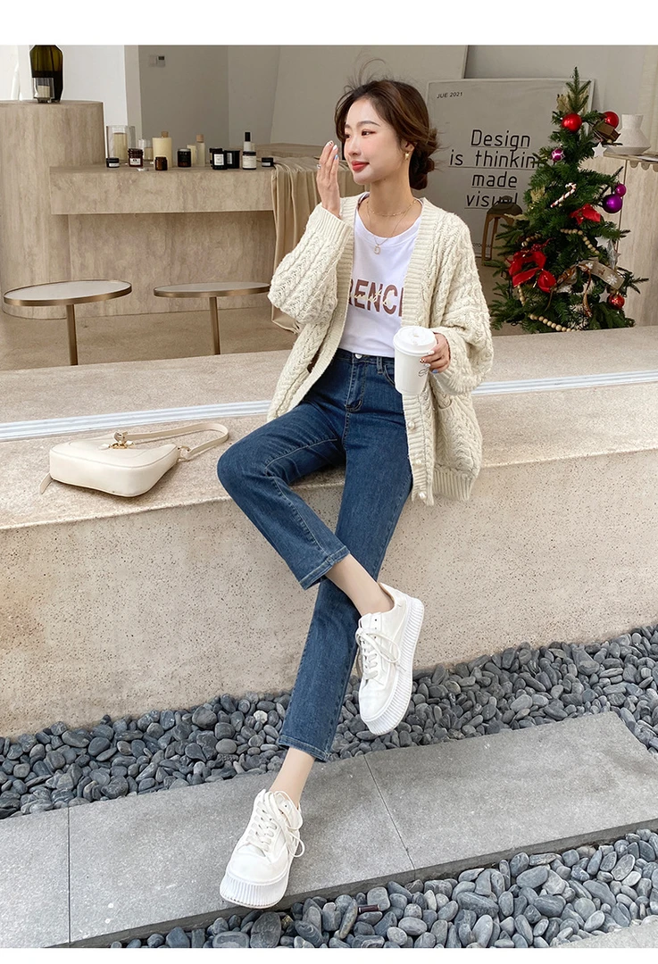 高腰直筒牛仔裤女秋冬季新款加绒九分小个子法棍裤修身显瘦烟管裤