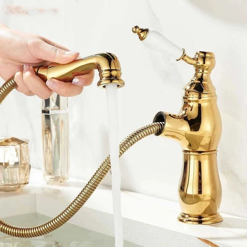 法式复古抽拉式全铜面盆洗手龙头金色把手冷热水龙头冷热两用