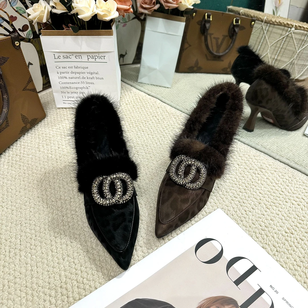 【性感风】SLM/牛皮/6CM/8962 33-40/秋冬豹纹尖头高跟百搭貂毛单鞋