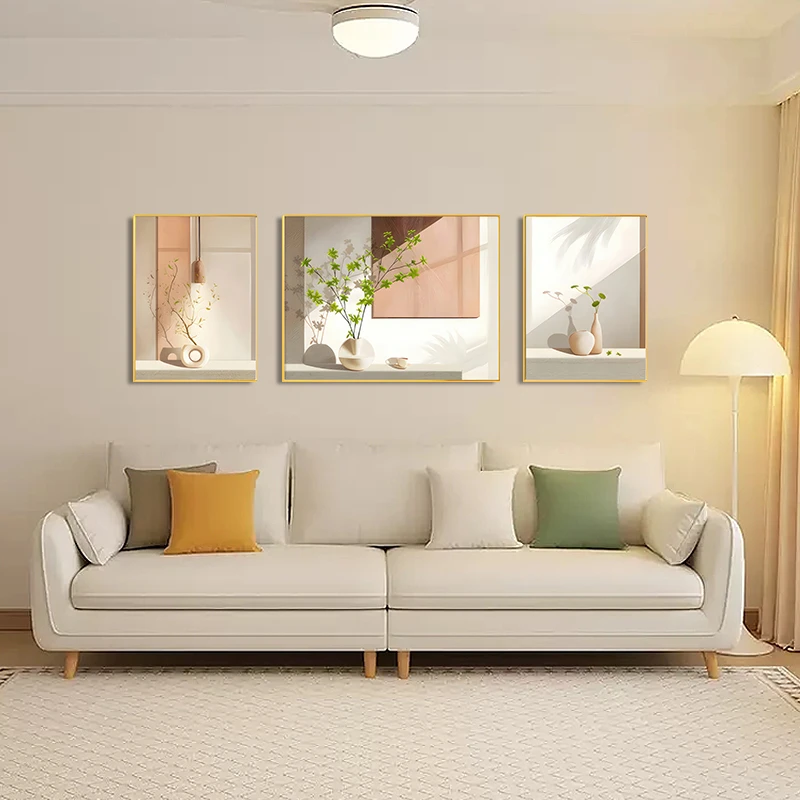 客厅沙发背景墙奶油风微喷艺术三联装饰画现代简约轻奢高级感艺术