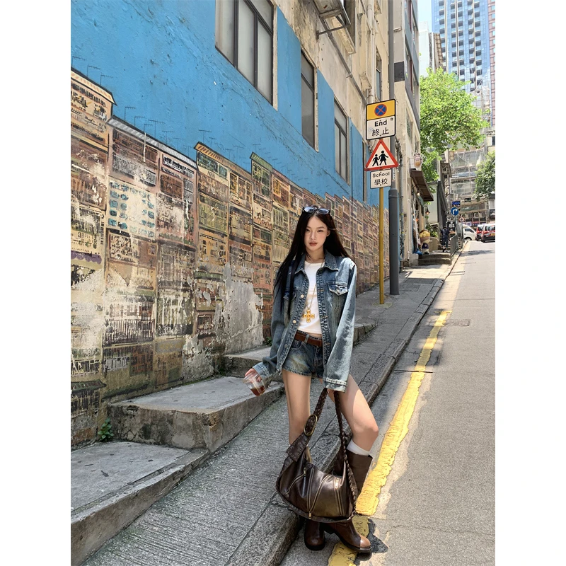 【七七清仓】牛仔裤 设计小众中腰纯色休闲短牛仔短裤C163