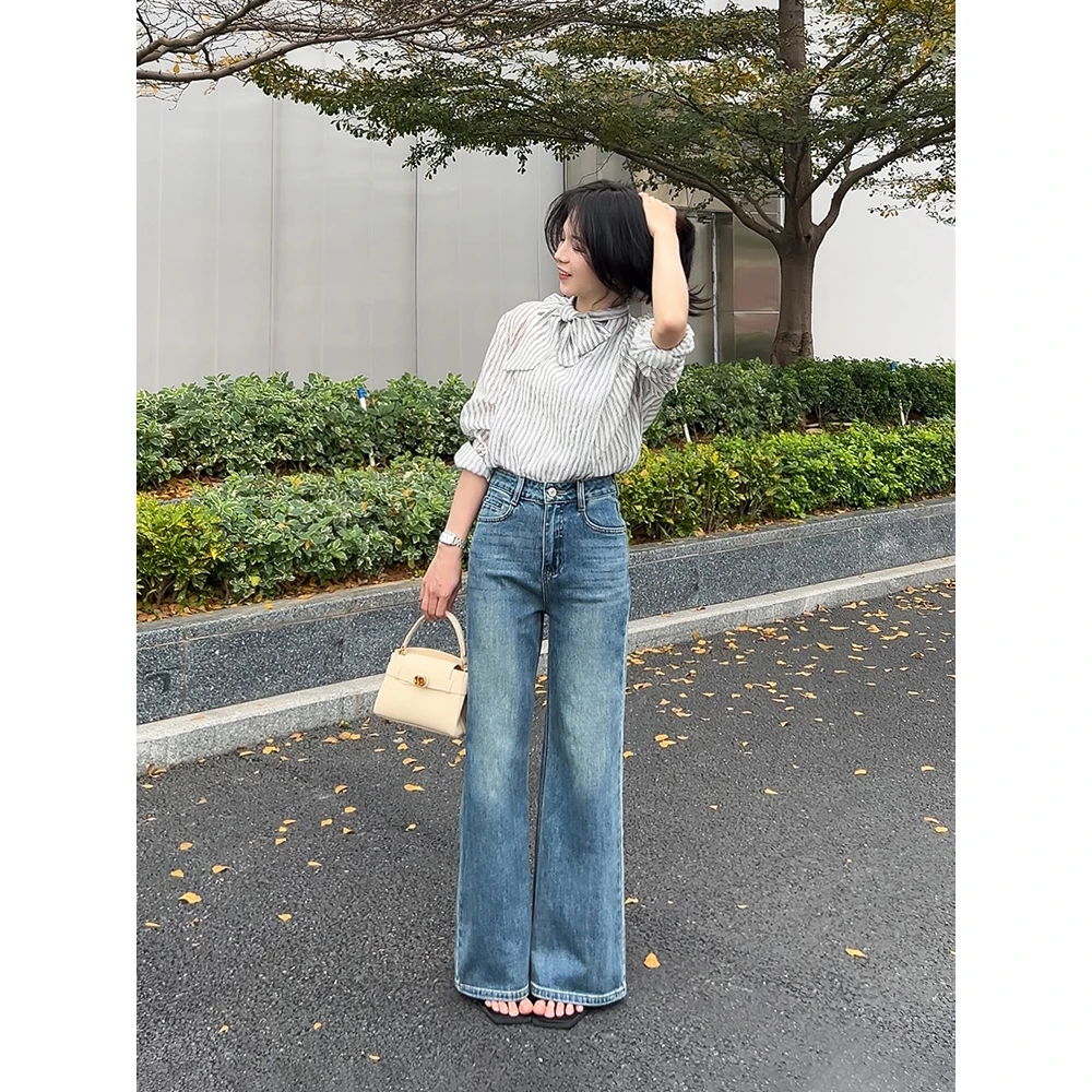 阔腿牛仔裤小个子2025夏季新款高腰显瘦时尚百搭垂感宽松微喇裤子