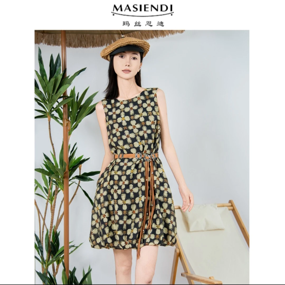MASIENDI/玛丝恩迪圆领无袖印花时尚花苞碎花连衣裙收腰裙子50649