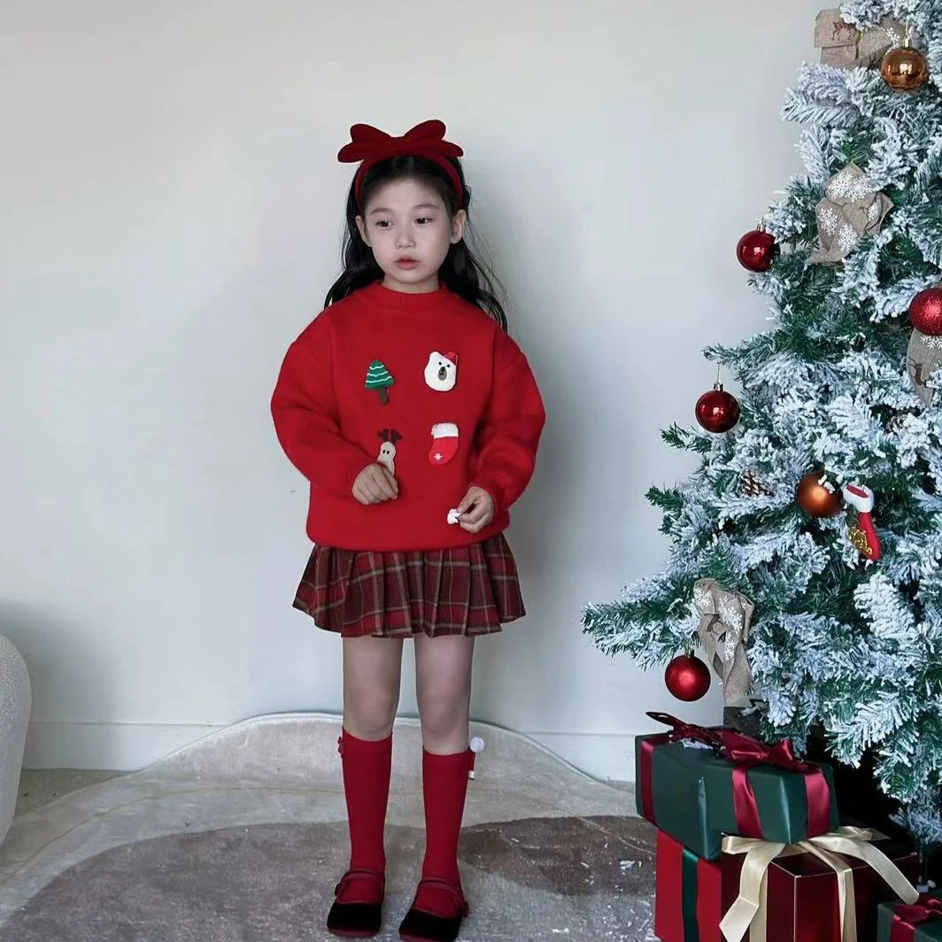 现货）韩国童装女童红色毛衣秋冬洋气儿童新年服针织衫