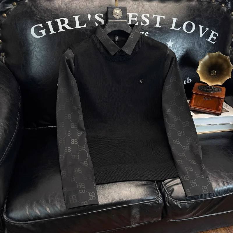 欧洲站衬衫拼接假两件毛衣男士秋冬2026新款商务休闲潮牌套头上衣