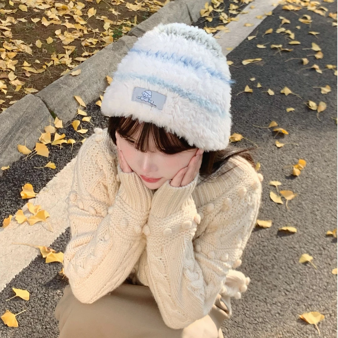 秋冬毛绒慵懒风防寒保暖护耳大头条纹渔夫帽包头显脸小情侣帽子