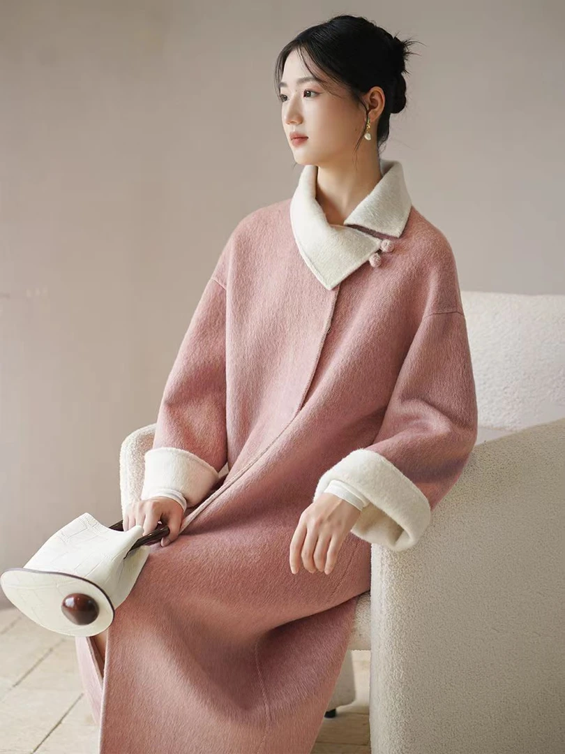 秋冬粉色国风长款女双面羊毛大衣韩版中长款外套洋气冬季气质