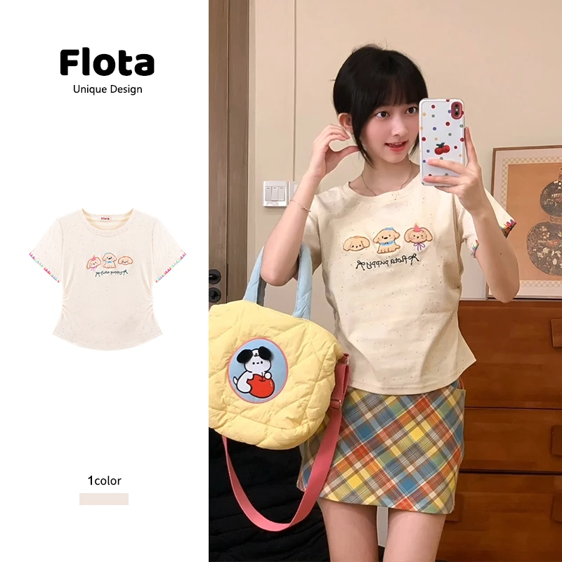 【flota】甜美风三只小狗刺绣半袖T恤女贝壳花边袖口设计感上衣0725