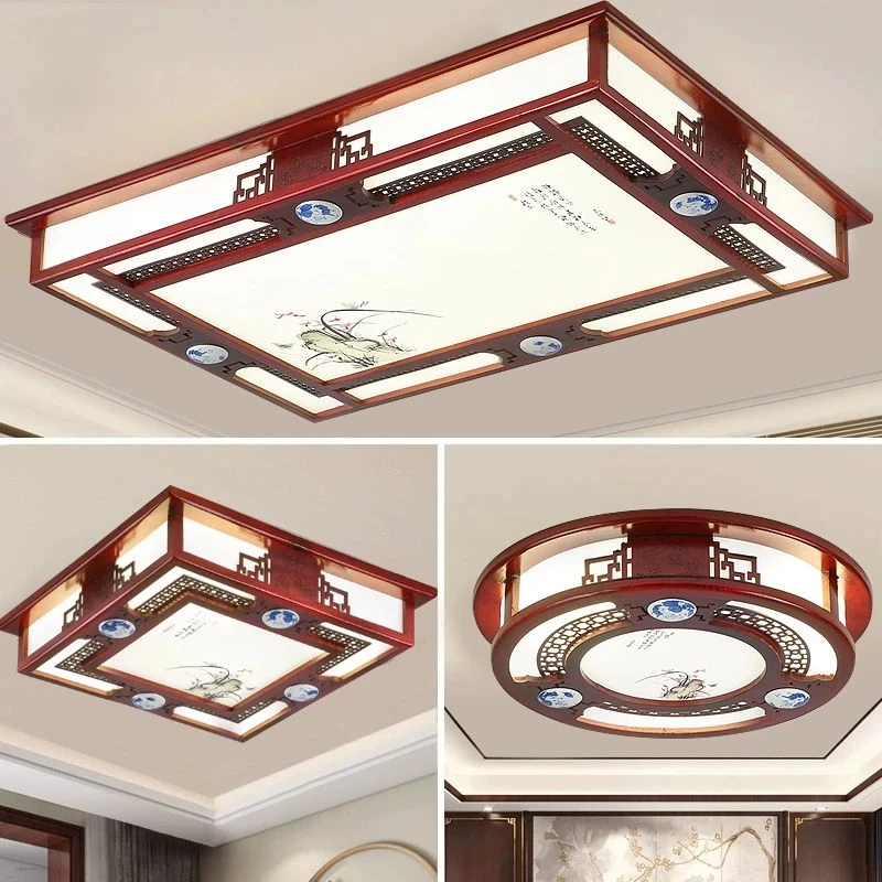 新中式实木圆形吸顶灯客厅灯长方形红木家用吸顶灯大气书房木艺灯