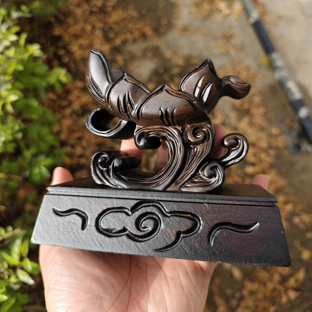 非洲黑檀木水浪荷花奇石底座桌面书房摆件石头底座实木摆件底座