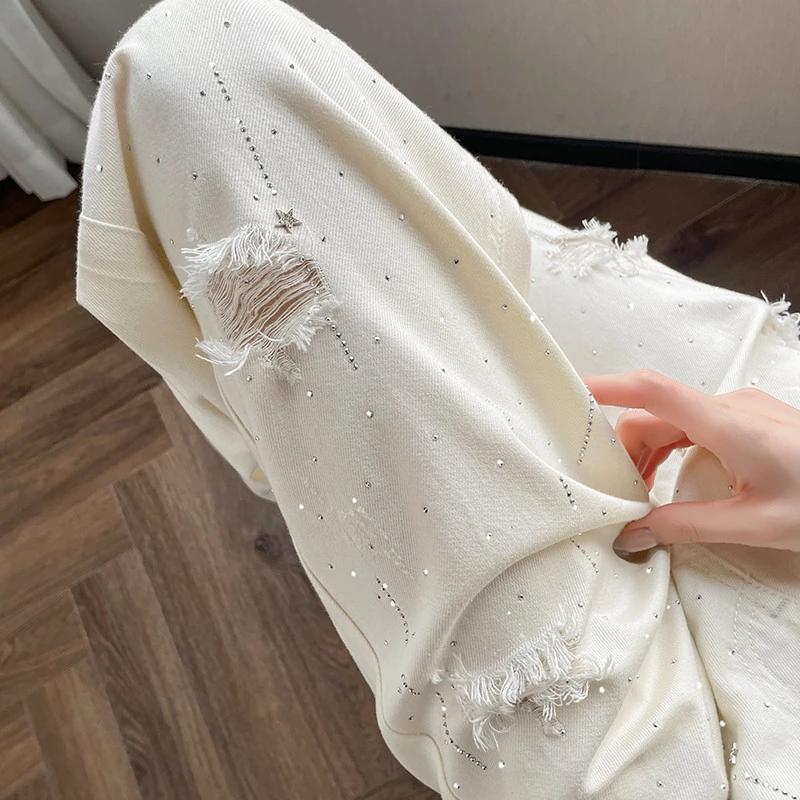 白色冰丝阔腿牛仔裤女超火破洞裤子夏季高腰遮腿型垂感烫钻拖地裤