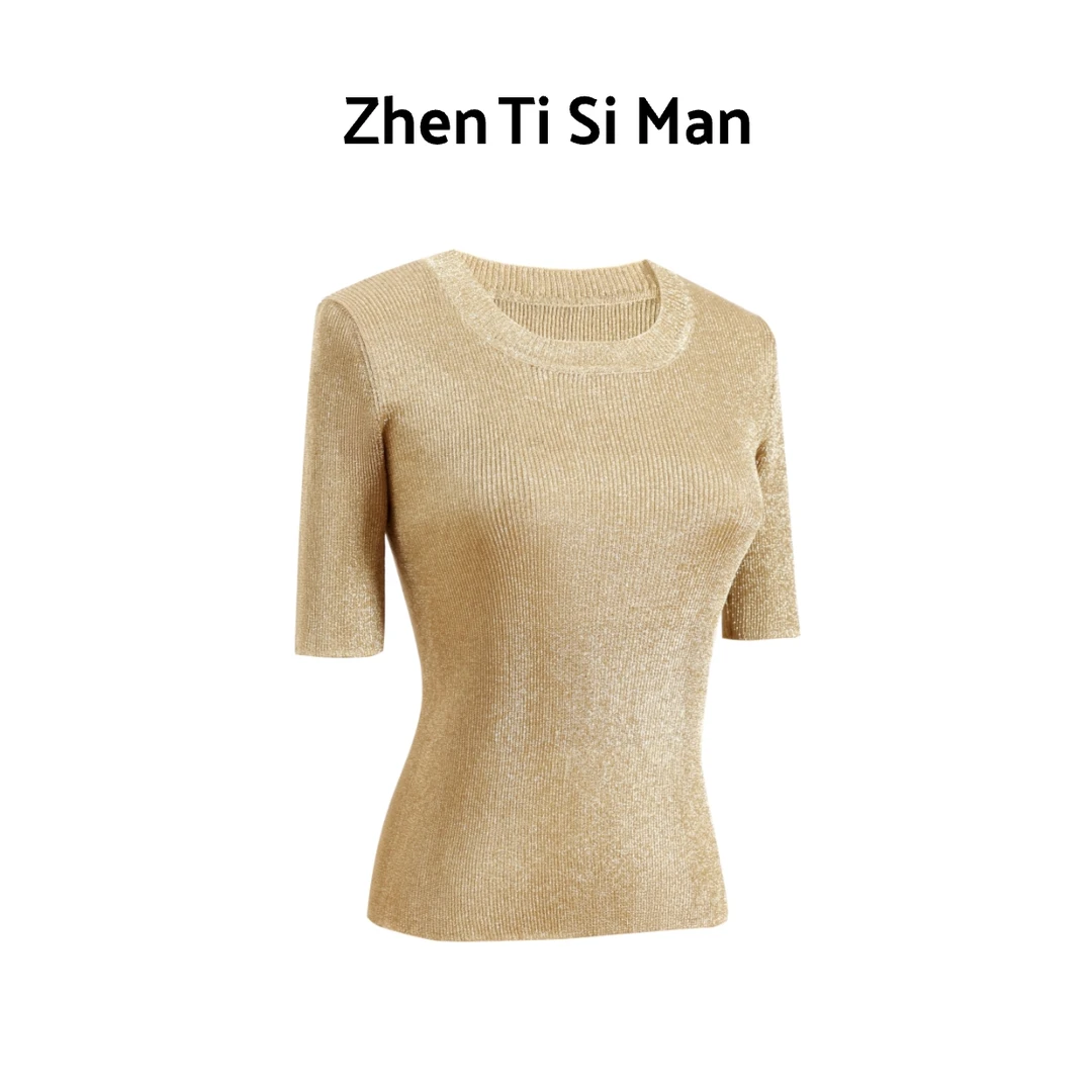 ZHENTISIMAN/TA5001/水晶纱套头圆领衫短袖修身显瘦百搭