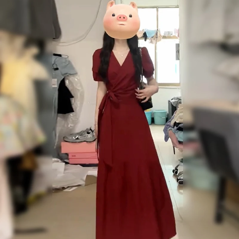 3379红色泡泡袖连衣裙子女装夏季2024新款法式绝美高级感套装长裙