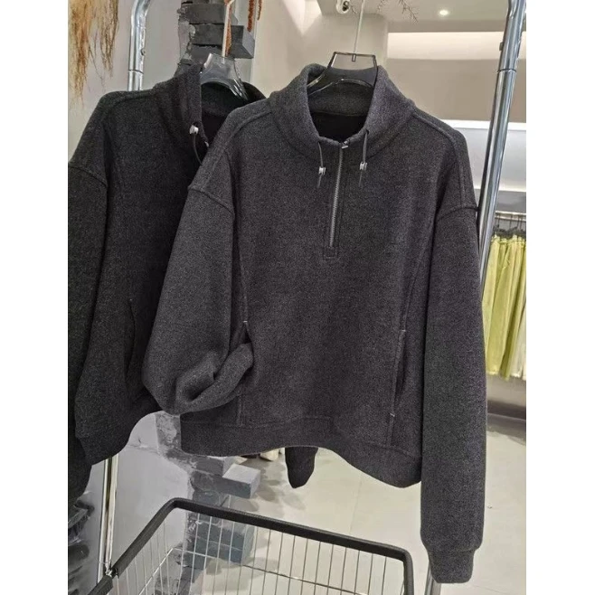 88237款-秋冬拉链立领打底衫女长袖T恤宽松韩版百搭