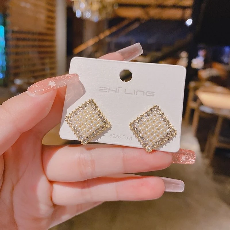 铜合金耳饰 方形镶钻珠珠耳钉气质简约1217