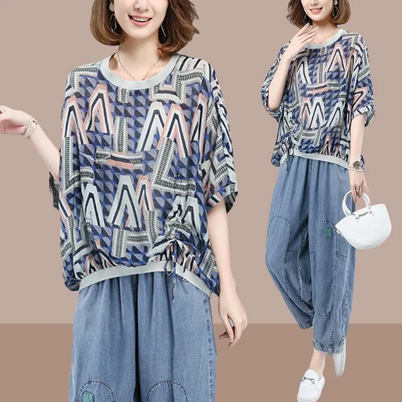 2025年夏装牛仔裤T恤短袖时尚套装休闲运动套装宽松大码女两件套