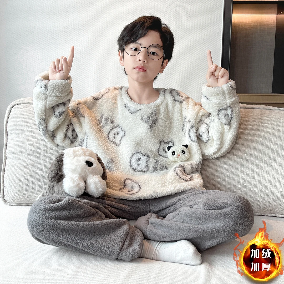 儿童装男童睡衣秋冬款加绒冬季加厚中大童珊瑚绒法兰绒男孩家居服