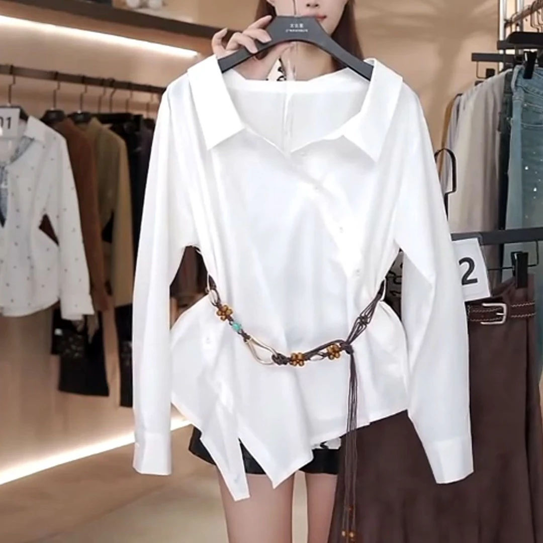 韩系洋气遮肚显瘦纯色小衫2025秋季新款时尚设计感不规则衬衫上衣
