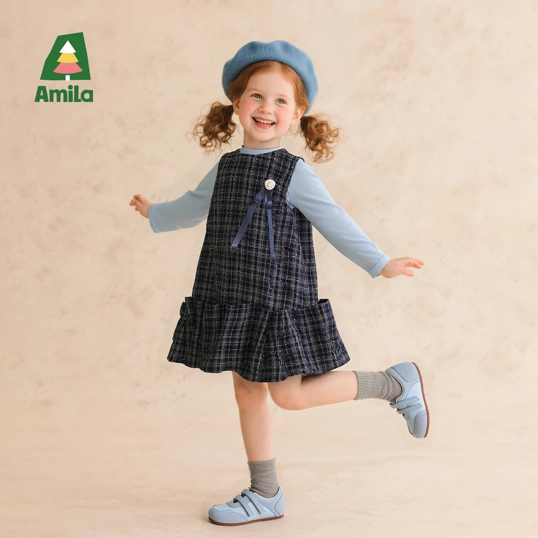 Amila2025秋季新款格子时尚大背心纯色女童裙套装XQ5TQ722